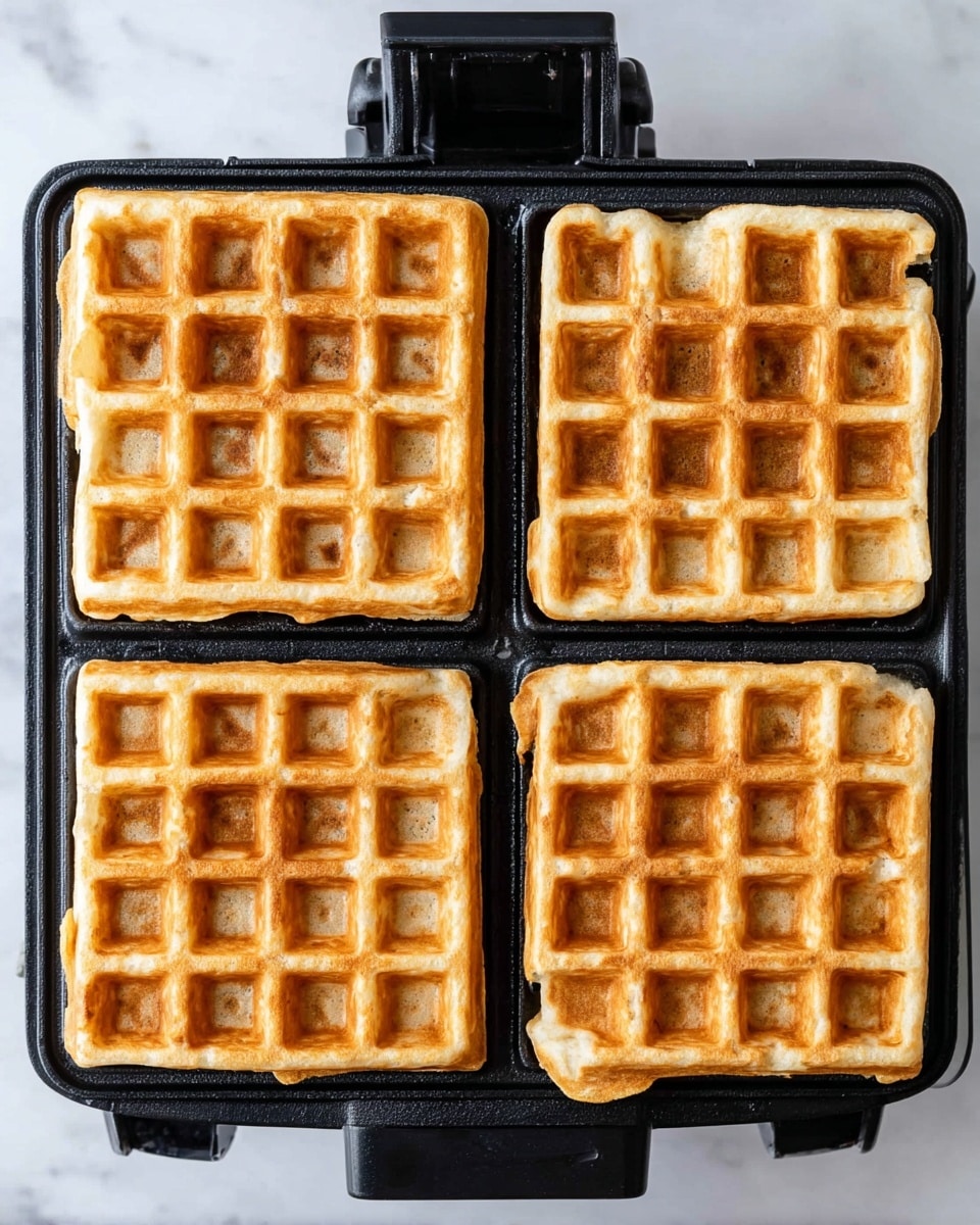 The image shows four square waffles cooking inside a black waffle maker, arranged in a 2x2 grid. Each waffle has a golden-brown color with a light, fluffy texture visible in the small, evenly spaced squares that form the classic waffle pattern. The edges of some waffles are slightly irregular, with small pieces missing. The waffle maker sits on a white marbled surface. photo taken with an iphone --ar 4:5 --v 7