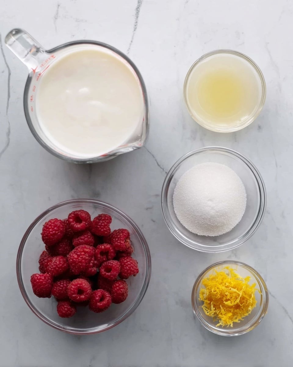 The image shows five clear glass bowls arranged on a white marbled surface. Starting from the top left, there is a glass measuring cup filled with white cream. To the right of it, there is a small glass bowl containing a pale yellow liquid. Below these two, a bowl with fine white sugar is placed. Next to it, on the right side, a bowl contains bright red raspberries with a rough texture. Finally, at the top right, a small bowl holds yellow lemon zest with a slightly shredded texture. Photo taken with an iphone --ar 4:5 --v 7