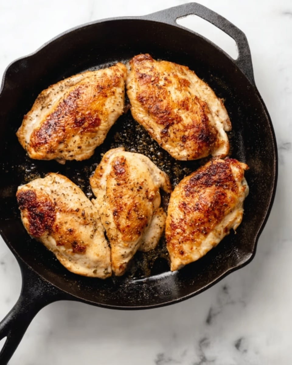 Inside a black cast iron skillet, there are four pieces of cooked chicken. Each piece has a golden brown crust with darker brown spots showing a cooked texture. The chicken pieces are placed close to each other but not overlapping, filling the skillet. The skillet handle extends out on the bottom left side. The skillet rests on a white marbled surface, adding a bright and clean look to the image. photo taken with an iphone --ar 4:5 --v 7