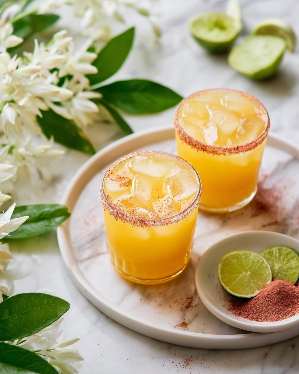 The image shows two small clear glasses filled with yellow-orange juice and ice cubes, each glass has a rim coated with a reddish powder. The glasses are placed on a white plate, which also holds a smaller white plate with the same reddish powder and a lime wedge on it. Around the plate, there are scattered lime wedges and green leaves, along with white flowers on a white marbled surface. Photo taken with an iphone --ar 4:5 --v 7