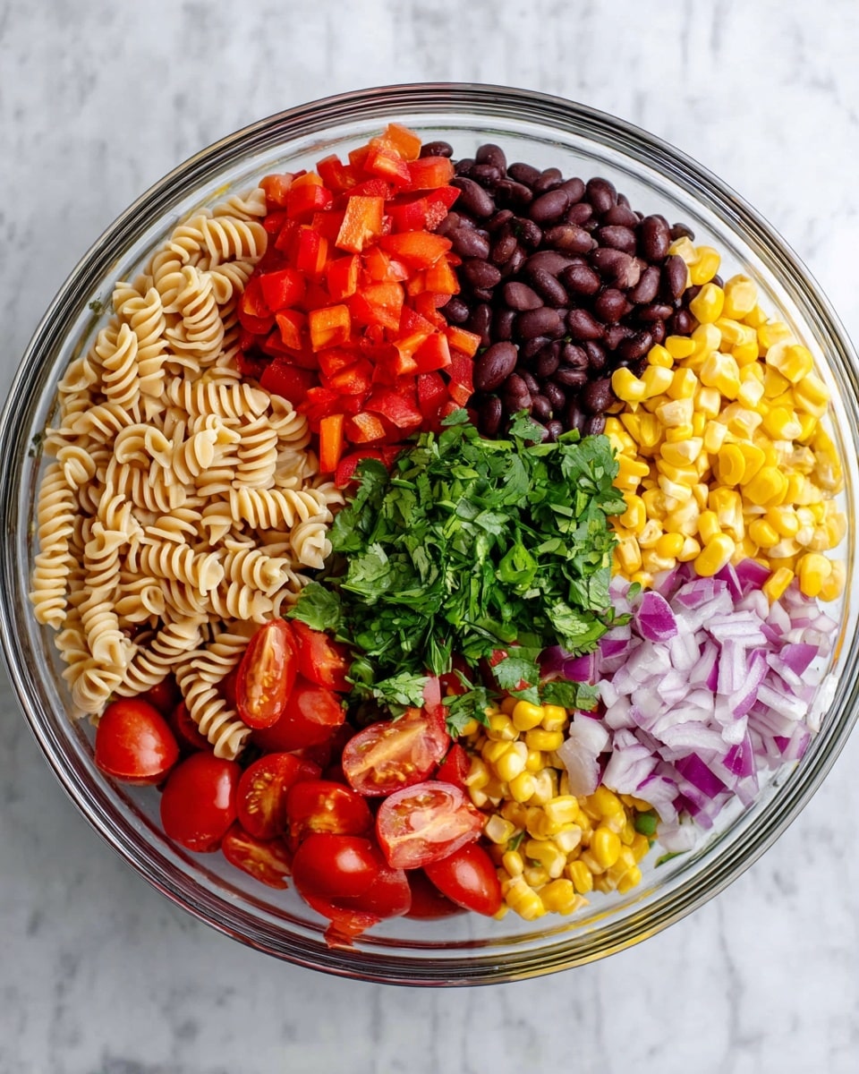 A clear glass bowl holds a colorful layered salad on a white marbled surface. The top layer is divided into six sections with each ingredient clearly separated: light tan spiral pasta on the left rim, bright red chopped bell peppers above that, shiny black beans next to the peppers, finely chopped fresh green cilantro to the right, golden yellow grilled corn below the cilantro, a pile of small halved red cherry tomatoes at the bottom left, and finely chopped purple onions in the middle between tomatoes, corn, and beans. All ingredients show clear bright colors and fresh textures. Photo taken with an iphone --ar 4:5 --v 7