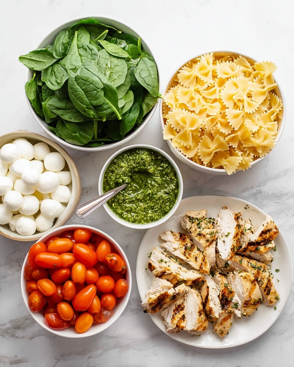 The image shows six white bowls and plates arranged on a white marbled surface, each holding different ingredients for a meal. The first bowl on the left is filled with fresh dark green spinach leaves, the second bowl next to it is full of uncooked light yellow farfalle pasta shaped like little bows. A third bowl holds bright red halved cherry tomatoes, while a small bowl contains white round mozzarella balls with fresh basil leaves on the side. Another small container in the middle has a bright green pesto sauce with a silver spoon inside. Finally, a white plate has several grilled chicken pieces with visible brown grill marks and slight herbs on top. The overall look is fresh, colorful, and neatly arranged. photo taken with an iphone --ar 4:5 --v 7