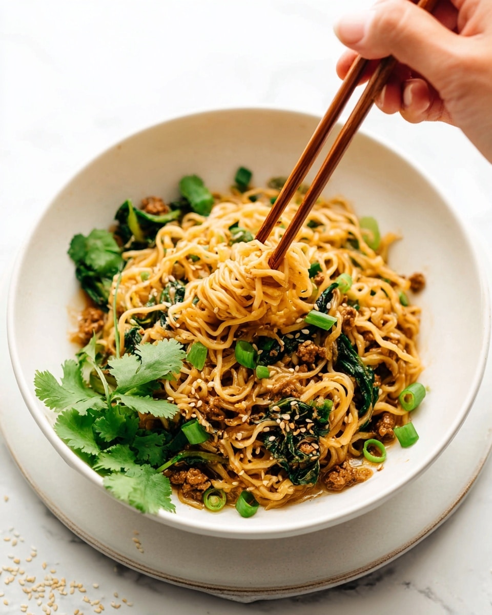 A white bowl filled with three main layers: at the bottom, a light brown sauce coats the thin, yellowish noodles that are mixed with small bits of minced meat and dark green spinach leaves; fresh bright green cilantro sprigs are placed on one side of the bowl adding a fresh contrast; on top, some chopped green onions are scattered around; a woman's hand holding wooden chopsticks is lifting a small bundle of noodles from the middle of the bowl, showing the texture of the noodles and meat mix; the bowl rests on a white plate and the background has a white marbled texture sprinkled with light sesame seeds photo taken with an iphone --ar 4:5 --v 7