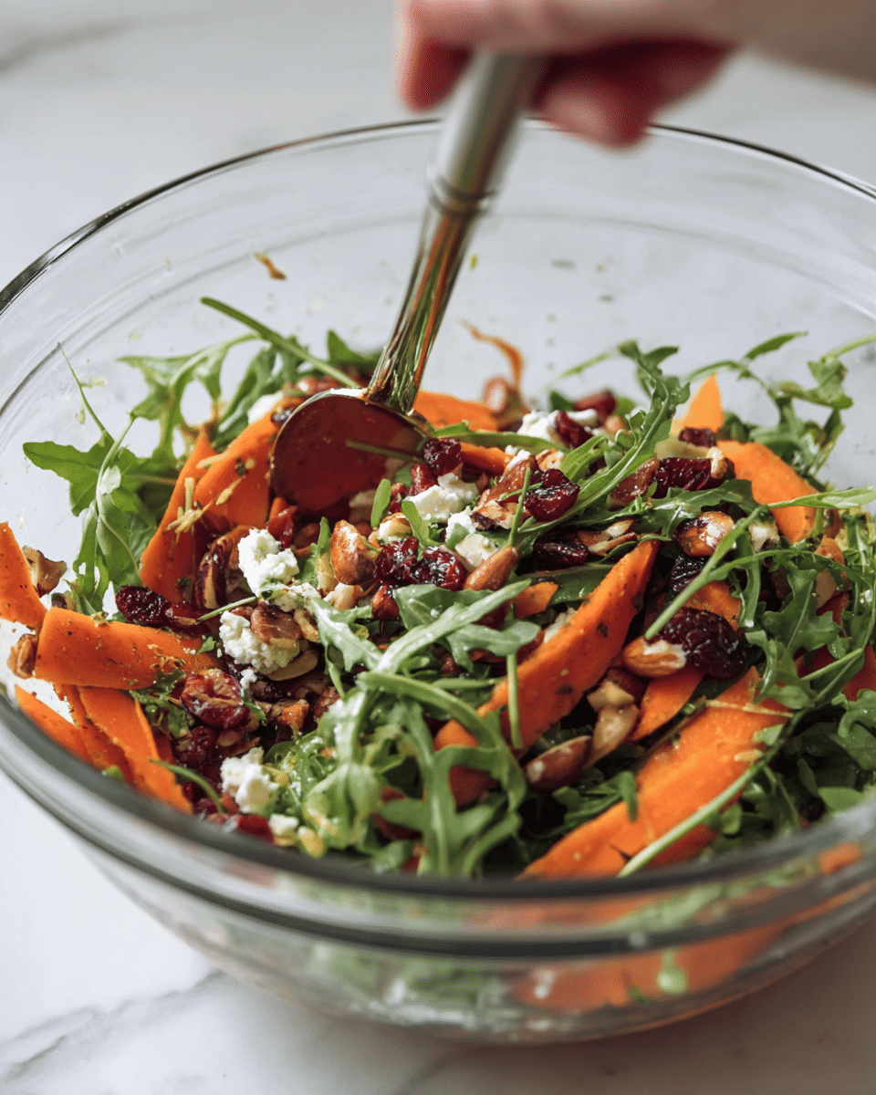 The image shows a glass mixing bowl on a white marbled surface filled with a colorful salad. The salad has several layers: bright orange carrot slices form the main layer, mixed with fresh dark green arugula leaves scattered on top. Small white crumbles of cheese and deep red dried cranberries are sprinkled evenly throughout. There are also pieces of light brown nuts adding texture. A spoon is being held by a woman’s hand in the foreground, slightly blurred, stirring the salad. Photo taken with an iphone --ar 4:5 --v 7