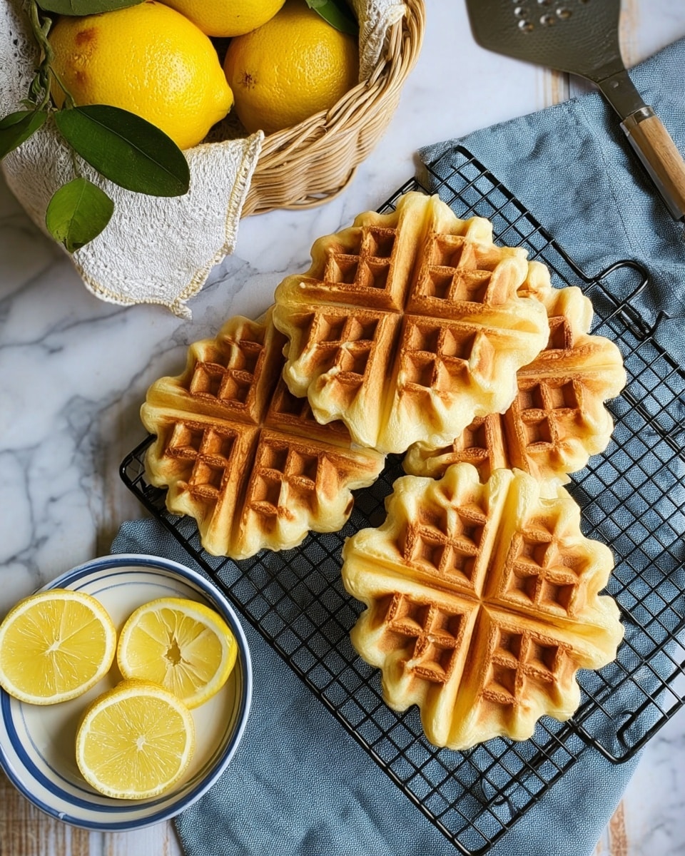 The image shows four golden brown waffles with a triangular pattern, arranged closely on a black cooling rack with a blue cloth underneath. The waffles have a slight crisp edge and a soft center, displaying a light crisp texture with deeper browned spots. In the bottom left corner, there is a white bowl with a blue rim holding three bright yellow lemon wedges, placed on a white marbled surface. In the upper left background, a woven basket with a white cloth holds fresh yellow lemons with green leaves, and to the right, a metal spatula lies on the same white marbled surface. The whole scene has a warm, inviting feel with natural colors and soft lighting. photo taken with an iphone --ar 4:5 --v 7