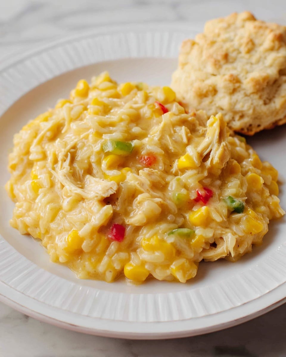 A white ribbed-edged plate sits on a white marbled surface, holding a creamy, yellow layer of thick rice mixed with corn and small pieces of shredded chicken, with some bits of green and red pepper visible within the glossy, soft texture. To the upper right on the plate, there is a fluffy, light brown textured biscuit with a pale interior, providing a soft contrast to the creamy rice dish. Photo taken with an iphone --ar 4:5 --v 7