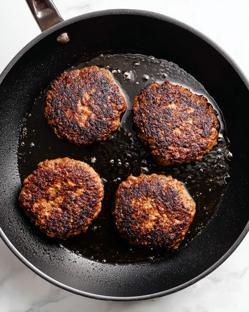 A black frying pan contains four cooked patties with a dark brown, crispy surface and some lighter brown patches. The patties are uneven in shape and have a rough texture with slight charring. Small drops of oil and tiny bubbles can be seen in the pan around the patties. The pan handle is partially visible in the top left corner. The background is a white marbled surface. Photo taken with an iphone --ar 4:5 --v 7