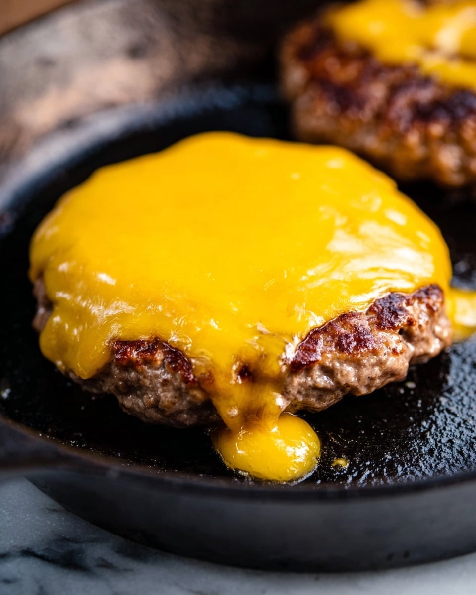 A close-up image of a cooked beef patty topped with a melted layer of bright yellow cheddar cheese, sitting in a black skillet. The cheese layer covers the patty fully and drips slightly onto the skillet’s surface, showing a shiny and smooth texture. The beef patty underneath is browned with visible grill marks and a juicy, coarse texture. The background shows another beef patty slightly out of focus. The skillet rests on a white marbled surface. photo taken with an iphone --ar 4:5 --v 7
