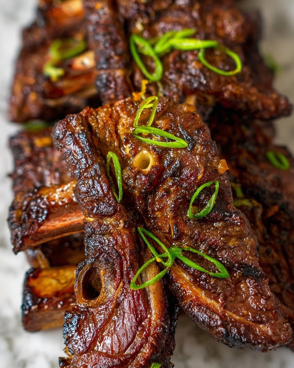 A close-up image shows a woman's hand holding a single grilled beef short rib with visible bone. The rib has a dark brown, slightly charred outside with a textured, caramelized surface. Small pieces of thin, bright green sliced scallions are sprinkled on the meat. In the blurred background, several more ribs are arranged on a white plate on a white marbled surface. The lighting brings out the rich colors and grill marks of the ribs clearly. photo taken with an iphone --ar 4:5 --v 7