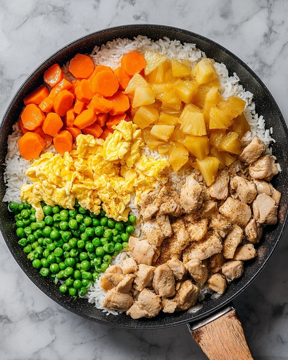 This is a black pan with a wooden handle filled with a colorful mix of food, all placed on a white marbled surface. The bottom layer is white rice covering the entire pan. On top of the rice, the food is arranged in sections: the top left shows bright orange crinkle-cut carrot slices, below it are small golden pineapple pieces with a caramelized texture, then golden scrambled eggs placed next to the pineapple, followed by bright green peas in the center, and finally, on the right side, pieces of cooked chicken with a light brown seasoning scattered over the rice. The food layers are all separate and clearly visible. photo taken with an iphone --ar 4:5 --v 7
