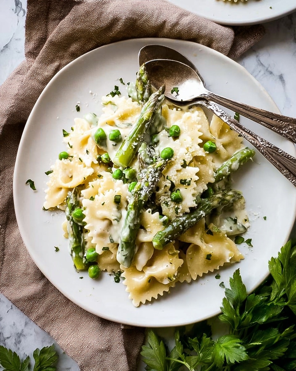 A white plate holds a serving of farfalle pasta layered with bright green asparagus spears and small green peas. The pasta is covered with a creamy white sauce that adds a smooth texture to the dish. Sprinkled across the top are tiny flecks of green herbs, adding a touch of color and freshness. A silver fork and spoon rest side by side on the edge of the plate, slightly above the food. The plate is set on a soft brown cloth, and fresh leafy parsley sits in the bottom right corner of the image. The background surface shows a white marbled texture. Photo taken with an iphone --ar 4:5 --v 7