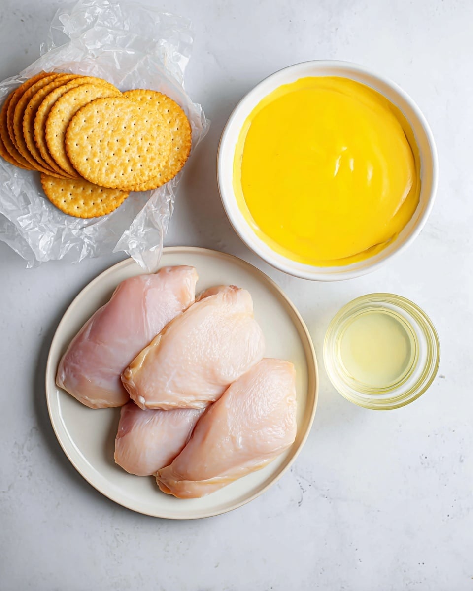 The image shows four raw chicken pieces placed on a white round plate at the center bottom. Above the plate, there is a white bowl filled with thick, smooth, bright yellow sauce. To the right of the bowl, there is a clear glass cup with light yellow liquid inside. On the left side, there is a stack of round golden-brown crackers leaning against the edges of an opened cracker packaging. All items rest on a white marbled surface. photo taken with an iphone --ar 4:5 --v 7