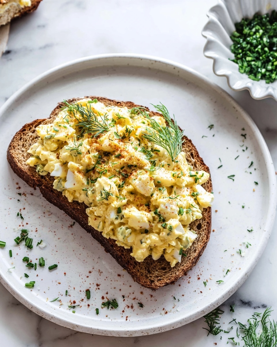 A thick slice of toasted brown bread sits on a white plate with a slightly speckled texture. On top of the bread is a generous layer of creamy yellow egg salad with chunks of egg whites mixed in, sprinkled with finely chopped green herbs and a light dusting of mild red seasoning. The plate is garnished with a small green dill sprig and scattered bits of chopped herbs around the toast. To the right, a white bowl with a scalloped edge holds more chopped green herbs. The scene is set on a white marbled surface. photo taken with an iphone --ar 4:5 --v 7