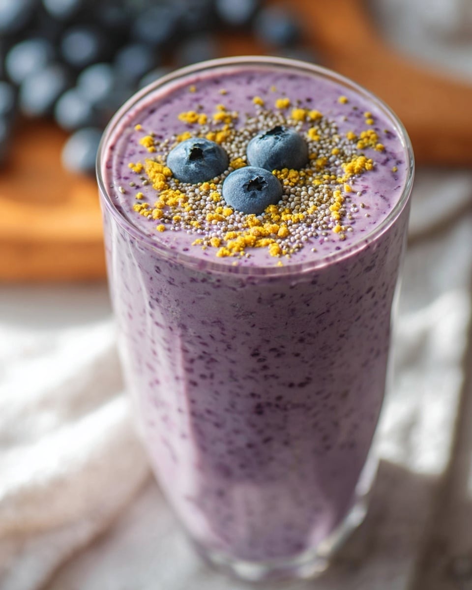 A tall clear glass filled with a purple smoothie that has a smooth, slightly thick texture with visible tiny berry bits throughout. On top, there are three whole blueberries arranged near the center, surrounded by small scattered yellow bee pollen granules and tiny chia seeds. The glass is on a white marbled surface with a blurred wooden board and some blueberries in the background. The sunlight softly lights the scene, highlighting the colors and textures. photo taken with an iphone --ar 4:5 --v 7