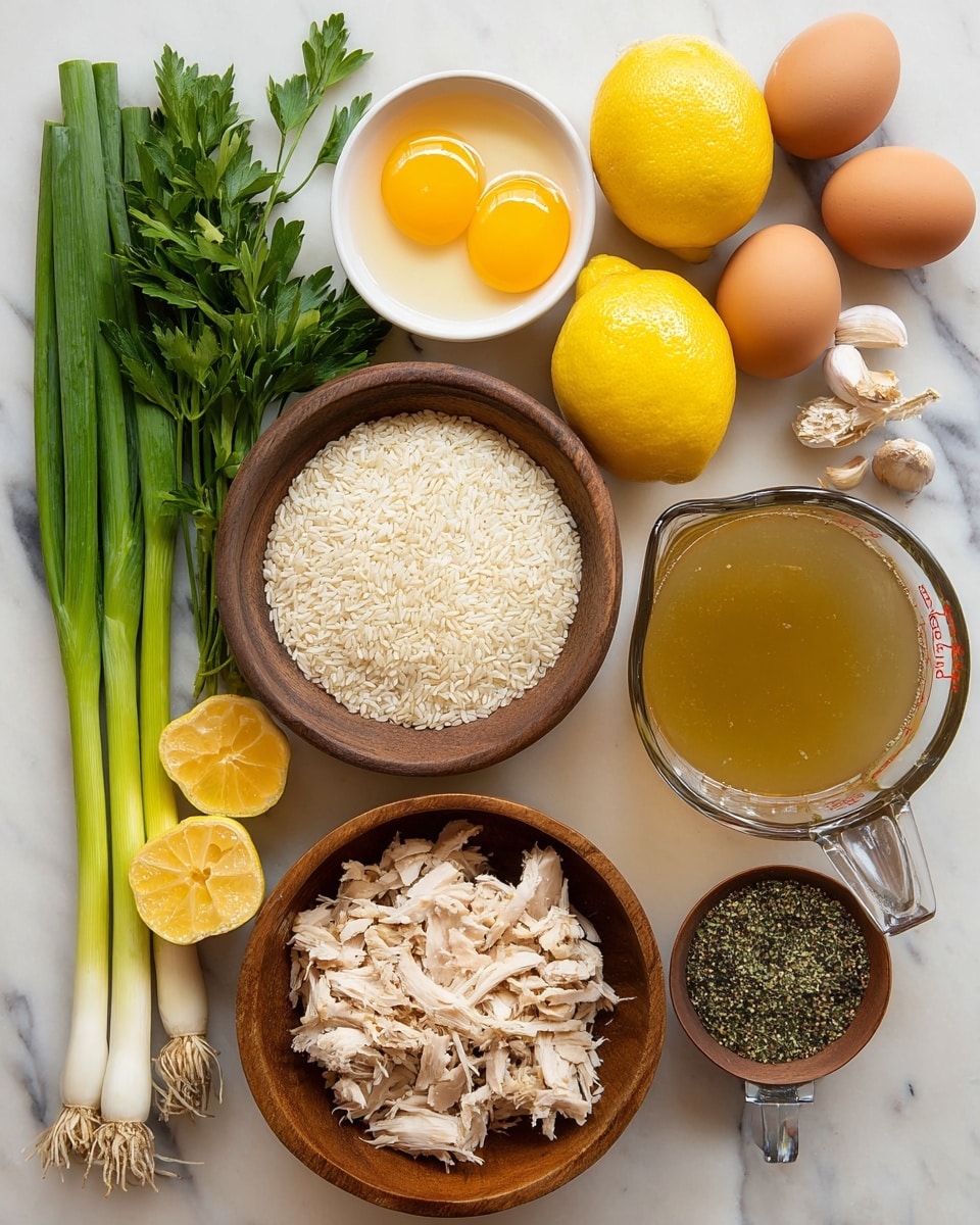 The image shows ingredients arranged neatly on a white marbled surface. There are two brown eggs and a small white bowl holding two bright yellow egg yolks. To the left, there are green onions with long green stalks and fresh green parsley. Next to them are three bright yellow lemons. In the center, a wooden bowl is filled with dry white rice, and beside it is a small clear glass bowl of golden olive oil. A wooden bowl on the bottom right holds shredded light-colored cooked chicken. A transparent grinder with black peppercorns and a large glass measuring cup filled with light brown broth sit on the right side. There is also a small brown dish with three cloves of garlic and a clear jar labeled