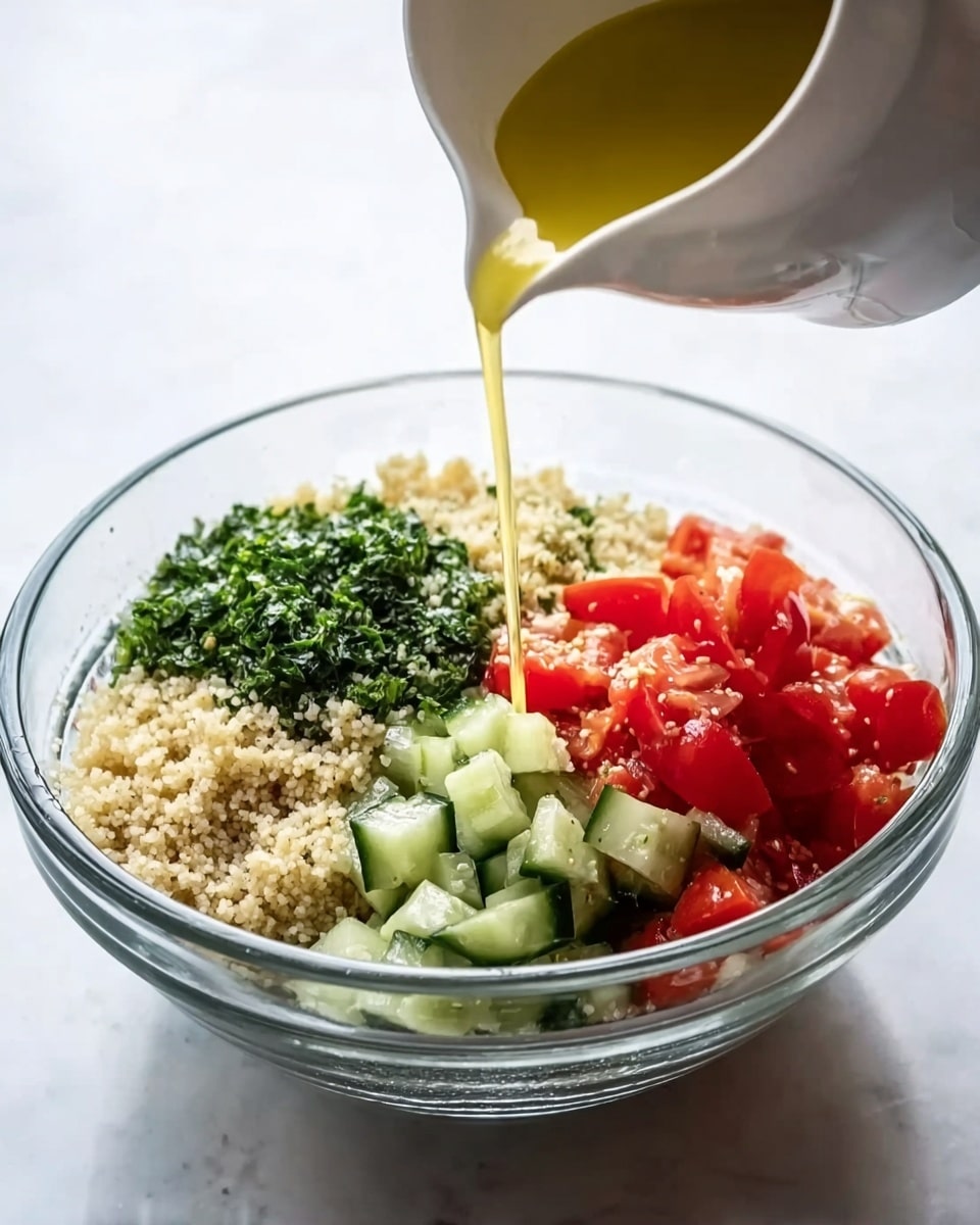 A clear glass bowl contains four distinct layers arranged side by side: a light beige layer of cooked grain filling the front part, a dark green finely chopped herb layer on the left, a medium green chunked cucumber layer in the middle back, and a bright red chopped tomato layer on the right. From above, a light-golden yellow liquid is pouring down into the bowl from a white pitcher just out of frame. The bowl sits on a white marbled surface with soft natural light. Photo taken with an iphone --ar 4:5 --v 7