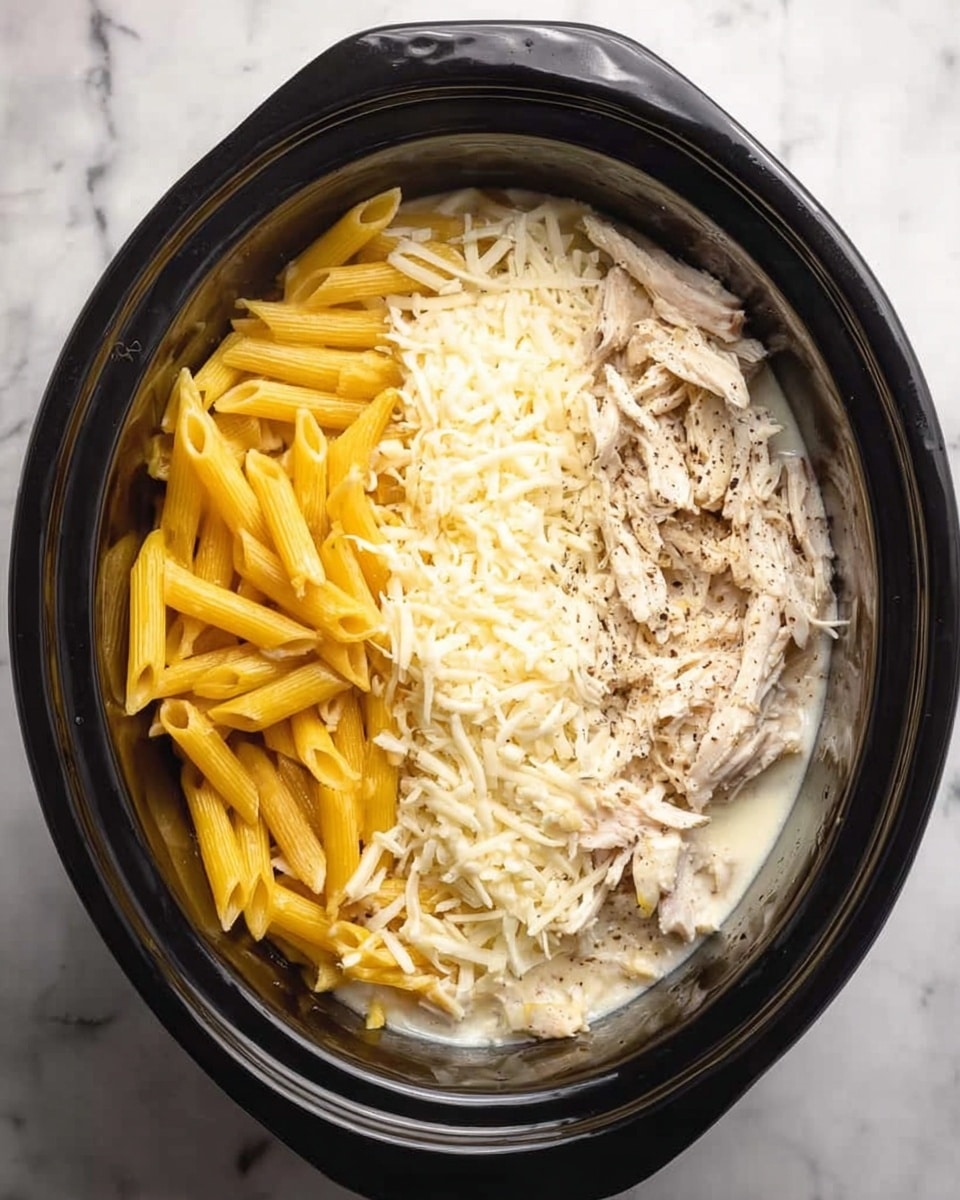 The image shows a black slow cooker with three main layers arranged side by side inside. On the left, there is dry yellow penne pasta with a smooth texture. The middle layer shows shredded pale chicken meat with a slightly fibrous and soft appearance. The right side is covered with a thick layer of white shredded cheese, lightly speckled with black pepper, and some melted cream sauce underneath, giving a creamy texture. The slow cooker is set on a white marbled surface. photo taken with an iphone --ar 4:5 --v 7