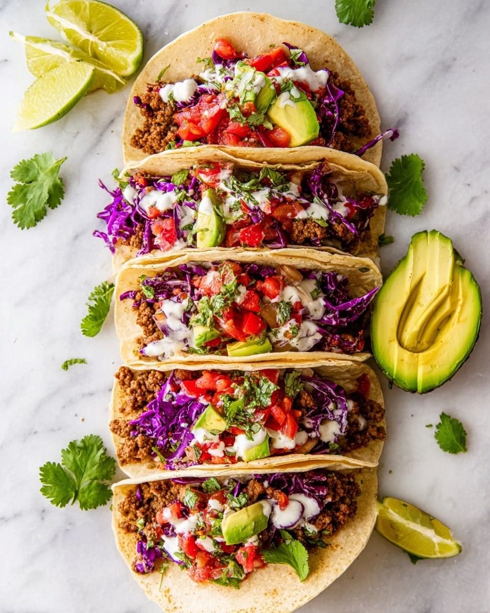 Four tacos sit in a row on a white marbled surface. Each taco has three layers: a soft folded tortilla, a layer of brown cooked ground meat, and a mix of bright red chopped tomatoes and purple shredded cabbage on top. There are small green slices of avocado in each taco and white creamy sauce drizzled over the fillings. Fresh green cilantro leaves are placed on and around some tacos. Lime wedges and slices of avocado are scattered nearby. photo taken with an iphone --ar 4:5 --v 7