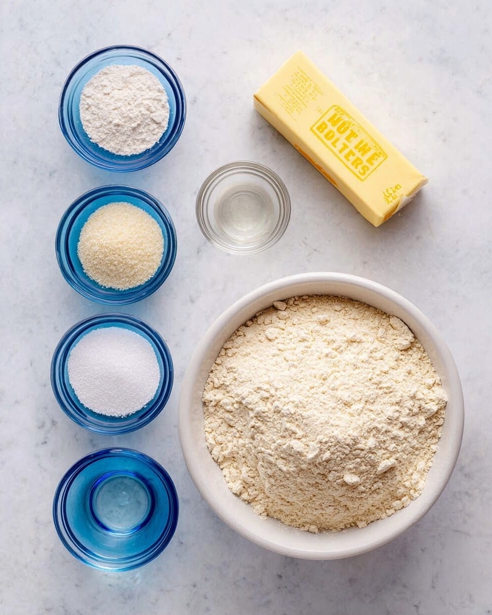 The image shows seven ingredients arranged neatly on a white marbled surface. On the right side, there is a large white bowl filled with a mound of light beige flour with a slightly rough texture. Toward the top center, there is a yellow stick of butter in its wrapper, labeled clearly. To the left of the butter, there are five small blue glass bowls, each containing different dry ingredients: salt, yeast, powdered milk, sugar, and a clear liquid in a small glass bowl placed in the middle. The tops of the bowls display the distinct textures of each ingredient, ranging from fine granules to powdery surfaces. photo taken with an iphone --ar 4:5 --v 7
