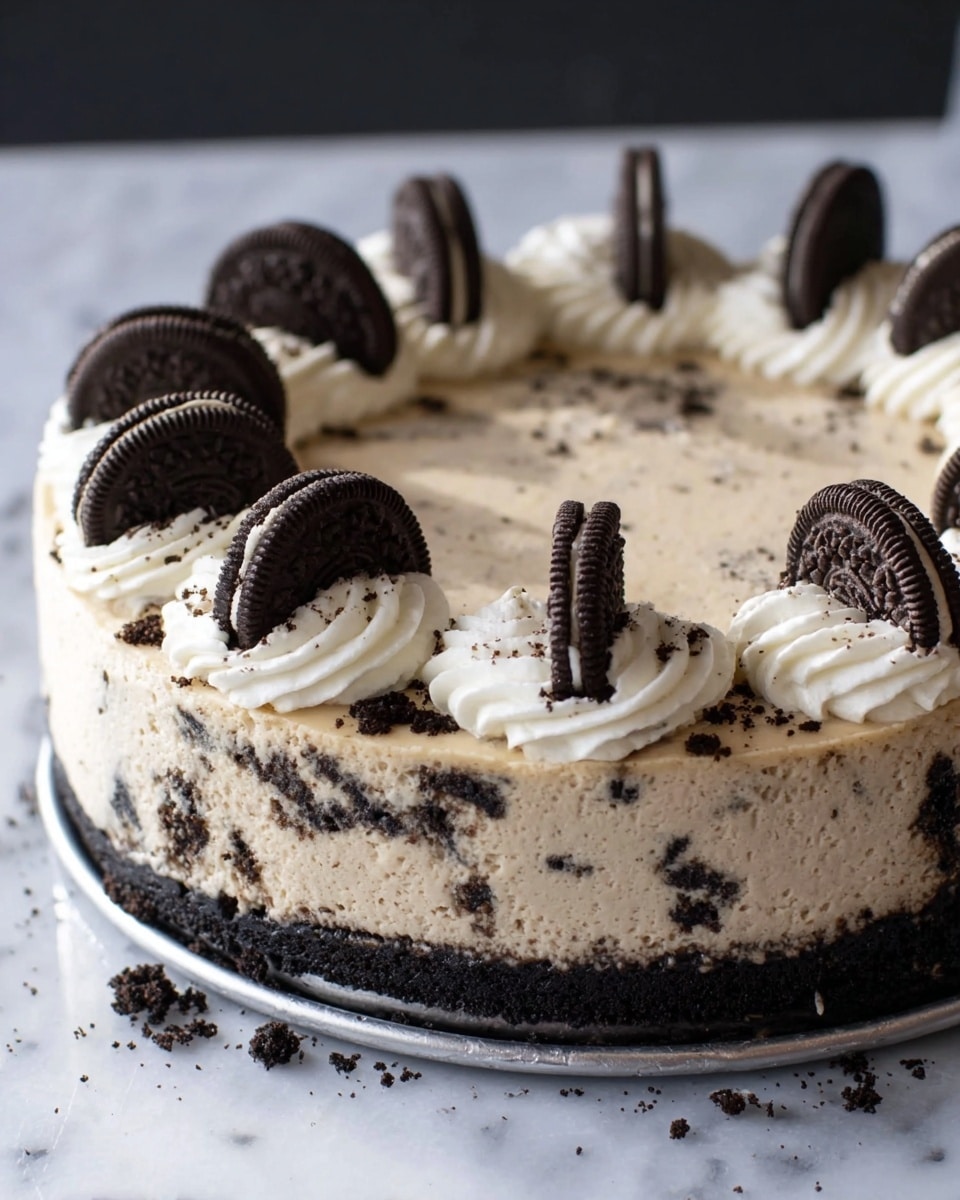 The dessert is a round Oreo cheesecake with three clear layers: the bottom crust is dark and crumbly, made of crushed Oreo cookies; the middle layer is thick and creamy, light beige in color with small dark Oreo pieces mixed inside; the top layer is smooth, light cream with tiny dark specks sprinkled over. Around the edge, there are white swirls of cream evenly spaced, each topped with a half Oreo cookie standing upright. The cake is in a metal round pan with a few cookie crumbs scattered inside, set on a white marbled surface. photo taken with an iphone --ar 4:5 --v 7