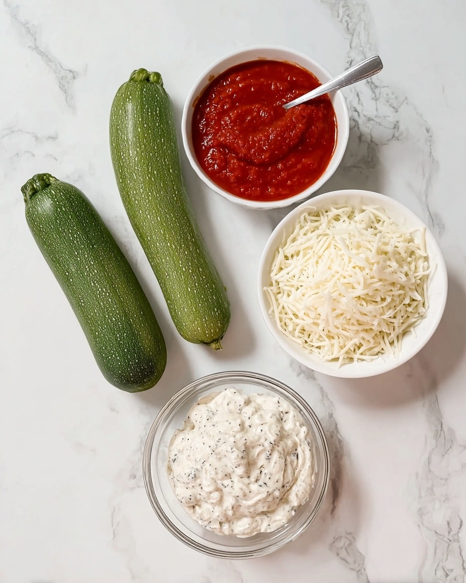 The image shows ingredients placed on a white marbled surface including two whole green zucchinis, a small white bowl filled with red tomato sauce, a larger white bowl with shredded white cheese, and a clear glass bowl containing a creamy white mixture with black specks and a silver spoon inside. The arrangement is neat and spaced out to show each ingredient clearly photo taken with an iphone --ar 4:5 --v 7