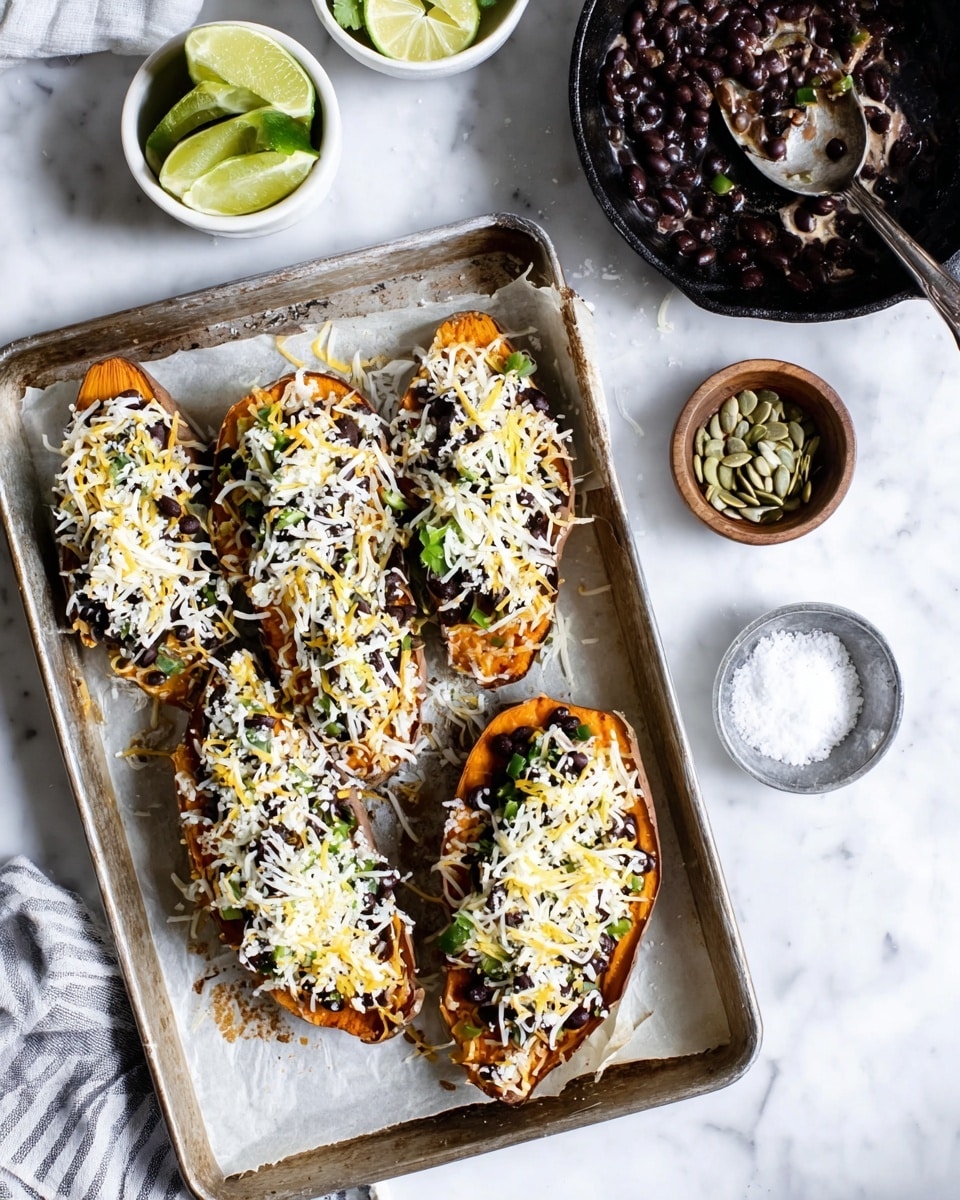 Four halves of roasted orange sweet potato are placed in a metal sheet pan lined with parchment paper. Each half is topped with a layer of black beans mixed with green bell pepper pieces, then sprinkled with two layers of shredded cheese—white cheese on top and yellow cheese beneath. To the side, there is a white marbled surface holding a black skillet filled with black beans and a silver spoon, a small white bowl with lime wedges, a small bowl with white salt, and a small bowl containing pumpkin seeds. Photo taken with an iphone --ar 4:5 --v 7