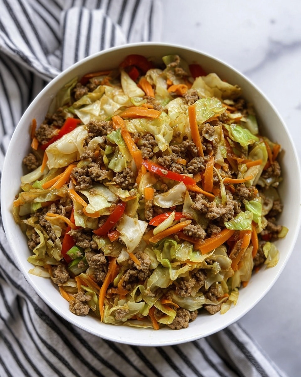 The image shows a white bowl filled with a colorful mix of cooked ground meat, thin orange carrot strips, light green cabbage pieces, bright red and orange pepper slices, and small bits of celery. The ground meat is brown and crumbly, scattered evenly through the vegetables. The cabbage looks slightly soft with a light shine, and the carrots and peppers add bright colors throughout. The bowl is placed on a white marbled surface with a striped cloth nearby. photo taken with an iphone --ar 4:5 --v 7