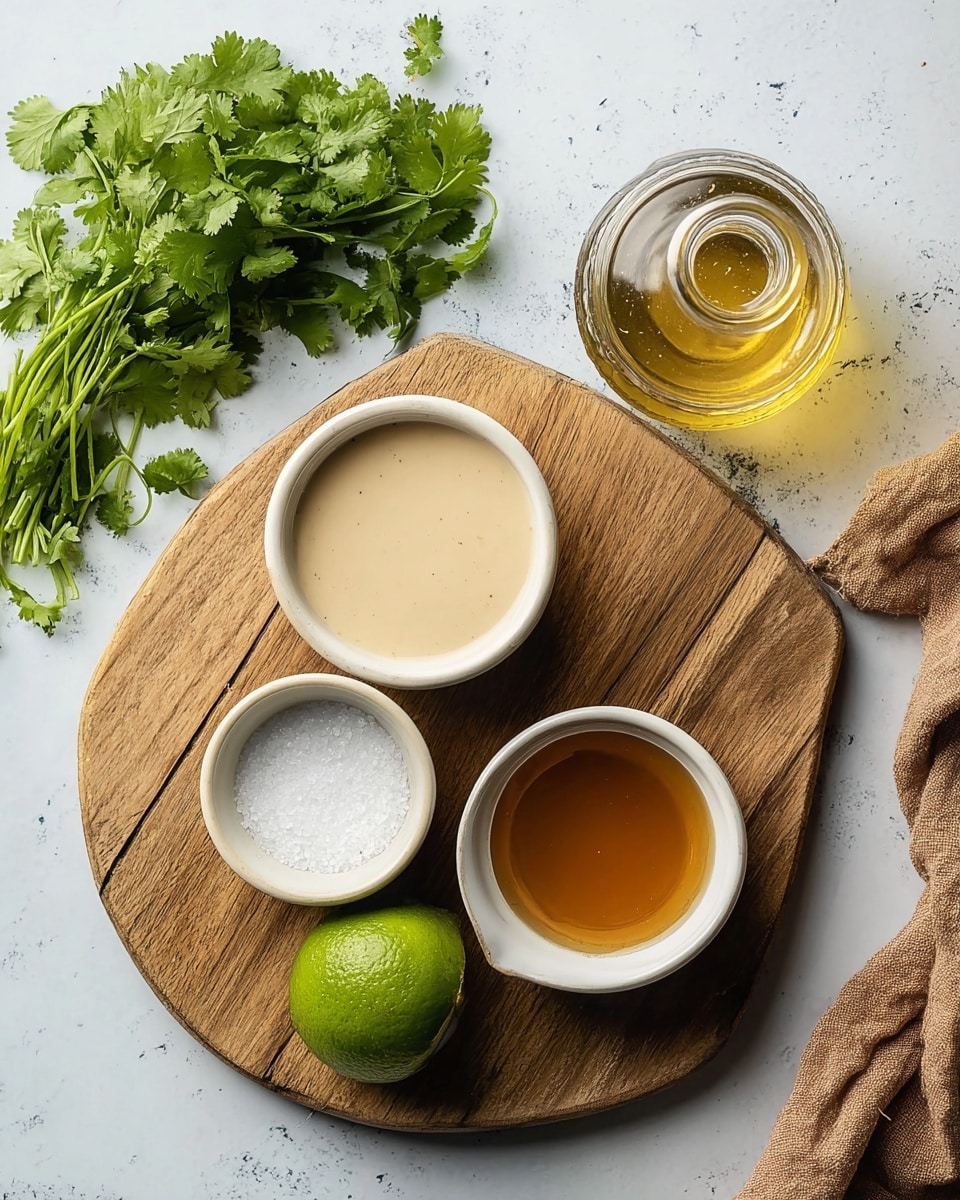 A wooden board sits on a white marbled surface with fresh green cilantro bunch on the top left, three small white bowls arranged in a triangle on the board; one bowl contains a creamy light beige sauce, another has a clear amber liquid, and the third holds white granulated salt. A whole bright green lime is placed near the bottom edge of the board. To the top right of the board, a round glass bottle with a clear lid holds golden oil. A soft brown cloth is partially visible on the far right side. Photo taken with an iphone --ar 4:5 --v 7