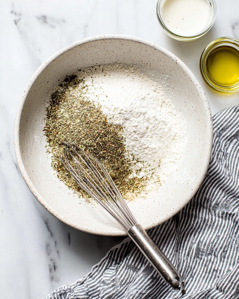 The image shows a white speckled bowl filled with two main layers: a mound of white flour covering about two-thirds of the bowl, and a pile of dried mixed herbs with green and brown tones taking up the remaining third. A silver whisk rests with its metal handle mostly on the flour side, its wires touching both ingredients. The bowl is placed on a white marbled surface, with a striped cloth partially under it on the lower right. In the upper right corner, two small jars are visible, one containing a creamy white liquid and the other a yellow-green oil. photo taken with an iphone --ar 4:5 --v 7