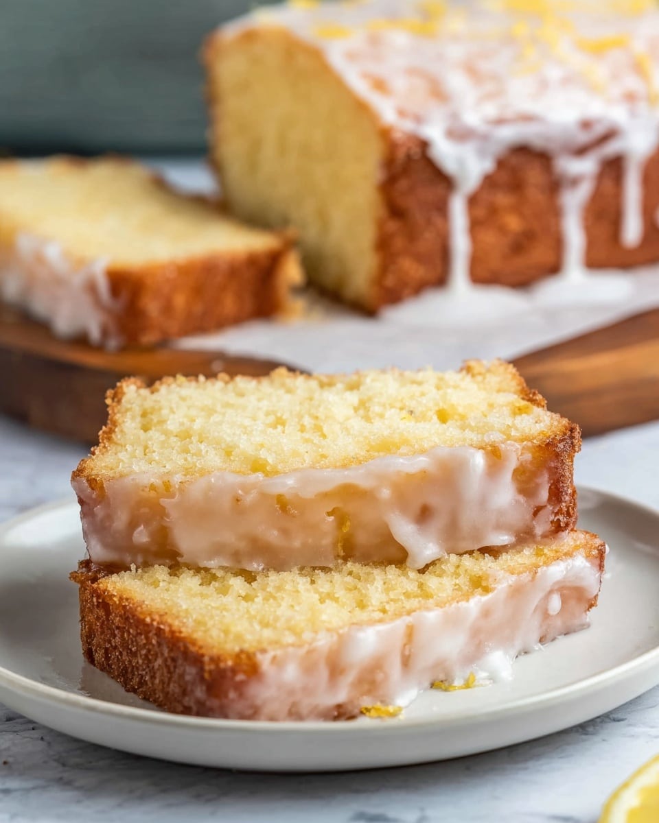 Two slices of moist yellow cake with a shiny white glaze covering the top edges and sides sit stacked on a white plate in the foreground. The glaze is smooth and slightly thick, dripping down the sides. In the blurry background, there is a larger piece of the cake with glaze dripping from the top, placed on white parchment paper on a wooden board, all set on a white marbled surface. Photo taken with an iphone --ar 4:5 --v 7