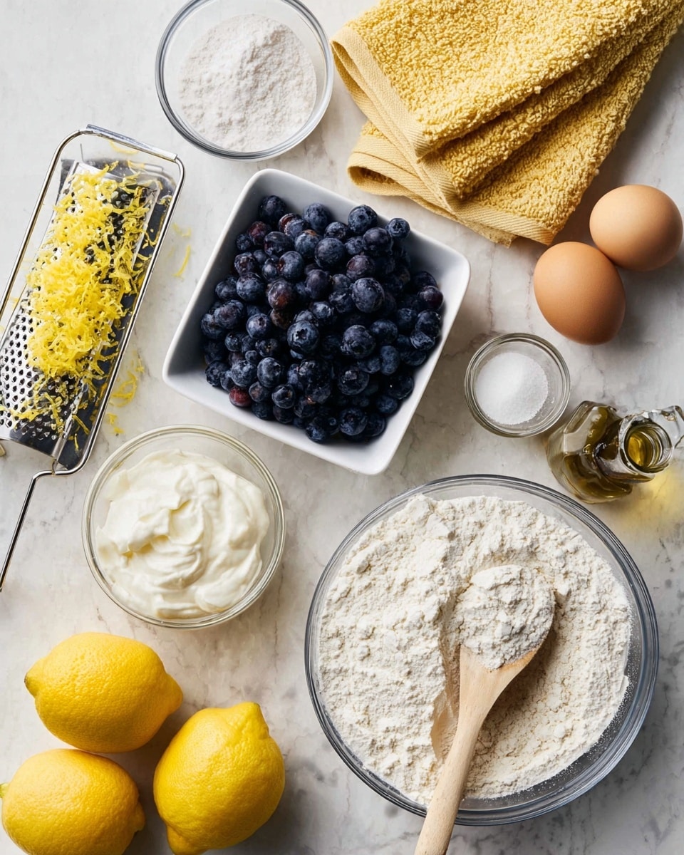 The image shows a top view of several baking ingredients neatly placed on a white marbled surface. In the center-left is a small square white bowl full of fresh, dark blue blueberries. To its right, there are two brown eggs sitting next to a folded yellow towel with a textured pattern. Below the eggs is a large clear glass bowl filled with white flour, with a wooden spoon resting inside. Near the bottom left corner, two whole bright yellow lemons sit side by side. Above and to the left of the lemons is a metal grater with bright yellow lemon zest on and around it. A small glass bowl with white granulated sugar is nearby and behind it is another glass bowl with white creamy yogurt. In the top left corner, there is a small glass bowl of white powder with a metal measuring spoon. Near the top center, a clear glass bottle filled with a golden liquid, likely oil, stands open. A small dark bottle, which looks like vanilla extract, is near the bottom left. The whole scene is clean and bright. Photo taken with an iphone --ar 4:5 --v 7