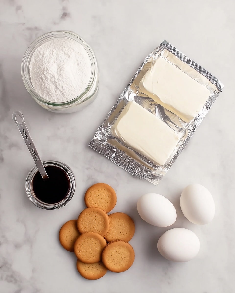The image shows ingredients placed neatly on a white marbled surface. There are two white eggs on the right side, next to a silver foil pack opened to reveal two rectangular blocks of white cream cheese. Above the cream cheese is a small open jar of dark vanilla extract with a silver measuring spoon labeled