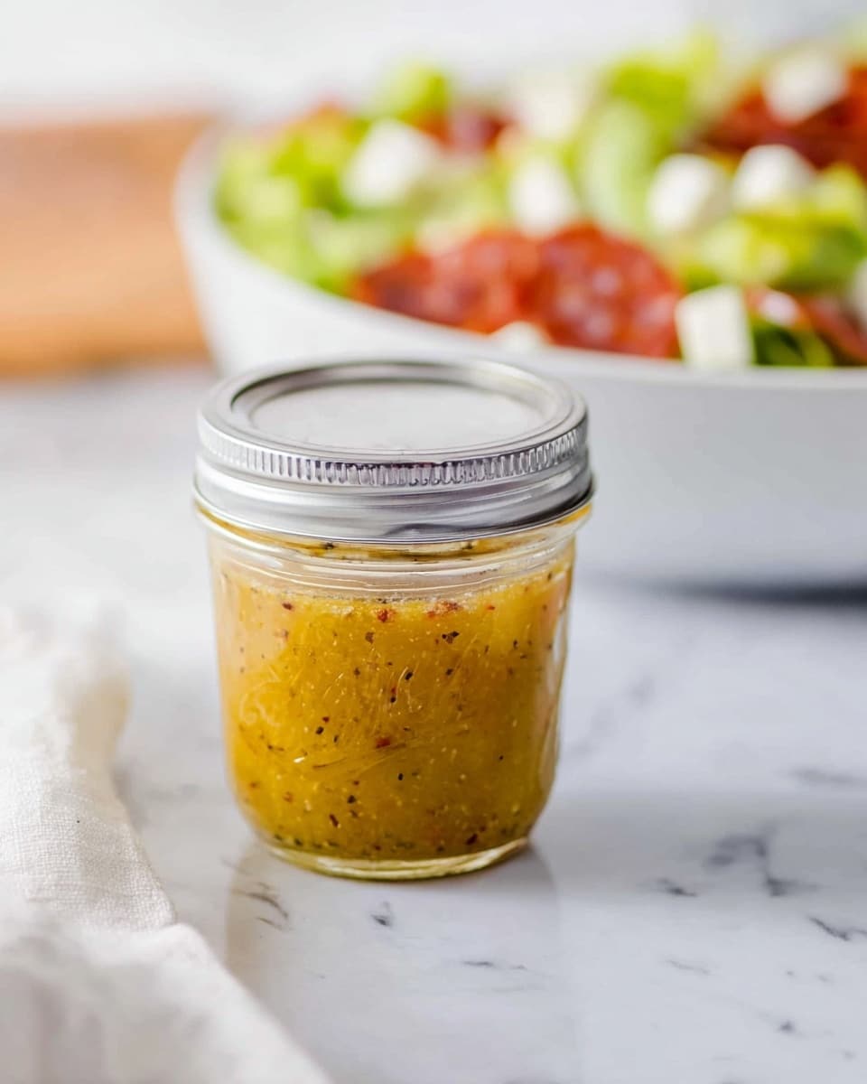 A small clear glass jar filled with a thick golden-yellow sauce that has black specks evenly spread inside. The jar is topped with a silver metal lid that fits tightly. The jar is placed on a white marbled surface with soft focus elements in the background, including blurred white and red items in a white bowl. A piece of white cloth is partly visible at the lower left corner. photo taken with an iphone --ar 4:5 --v 7