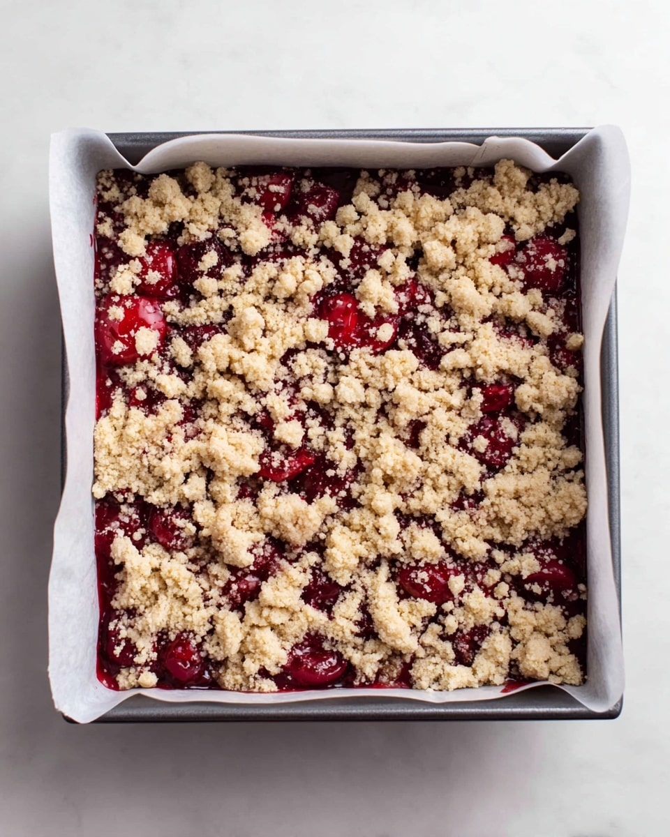 A square baking pan lined with white parchment paper holds a dessert with two layers. The bottom layer is a deep red cherry filling with visible whole cherries, rich in color and shiny. The top layer is a crumbly, light beige streusel topping sprinkled unevenly across the cherries, showing some of the red peeking through. The crumbs vary in size, some small and some larger chunks scattered randomly. The image is set on a white marbled surface. photo taken with an iphone --ar 4:5 --v 7