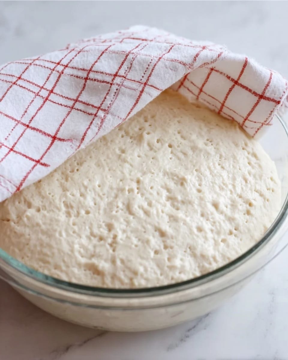 The image shows a clear glass bowl filled with risen dough that has a pale cream color and a bubbly, airy texture on top. The dough fills almost the entire bowl, and the top is covered partially with a white cloth featuring a red grid pattern. The bowl sits on a white marbled surface that gives a clean, bright look to the setting. photo taken with an iphone --ar 4:5 --v 7