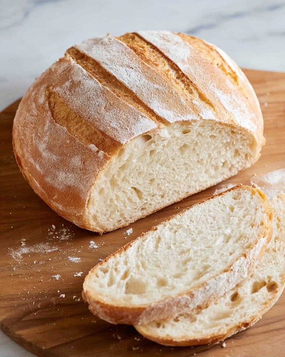 A round loaf of bread with a golden-brown crust dusted lightly with white flour is placed on a wooden board. The loaf has multiple shallow scored lines across the top revealing a fluffy, soft white inside. Two slices of the bread are lying flat in front of the loaf, showing the fine textured crumb with small, even air holes, and a slightly crusty edge. The warm tones of the bread contrast with the white marbled texture beneath. photo taken with an iphone --ar 4:5 --v 7