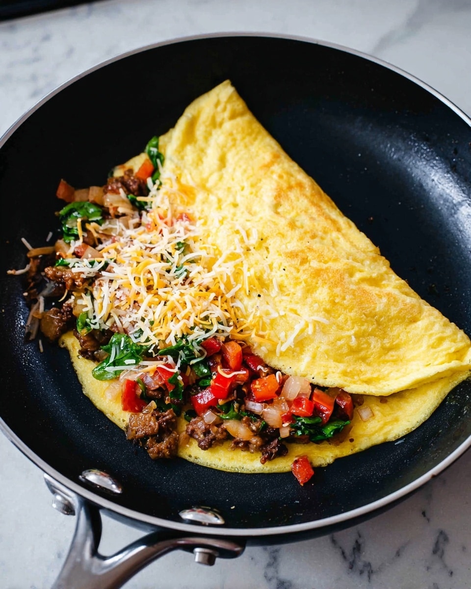 The image shows a round, thin, light yellow omelet cooking in a black frying pan. The omelet is folded halfway, revealing a colorful filling on one side. The filling has several layers: small chunks of browned meat, bright red diced bell peppers, sautéed onions that are slightly translucent, dark green leafy vegetables, and a sprinkling of shredded cheese in white and light orange colors on top. The frying pan is on a white marbled surface with a metal handle visible. Photo taken with an iphone --ar 4:5 --v 7