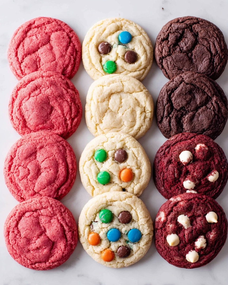 There are four rows of cookies arranged neatly on a white marbled surface. The first column has three bright pink cookies with a soft cracked texture. The second column shows three rich dark brown chocolate cookies with a smooth, slightly cracked top. The third column features three creamy white cookies with colorful candy pieces in red, green, blue, orange, and brown scattered on top. The last column displays three deep red cookies with white chocolate chips mixed in, showing some cracks and a slightly rough surface. photo taken with an iphone --ar 4:5 --v 7