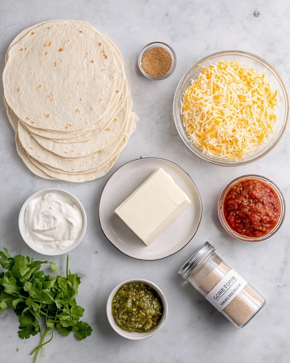 The image shows ingredients for a Mexican-style dish arranged neatly on a white marbled surface. There are six white flour tortillas stacked in two groups on the left and right sides. Near the center, a rectangular block of soft cream cheese sits on a small white plate. To the left of it is a small bowl of smooth white sour cream. Above the cream cheese, two small white bowls hold green salsa and red salsa, each with a chunky texture. A glass bowl filled with shredded yellow and white cheese is on the upper right. Near the bottom center, a small white dish contains a light brown powdered seasoning, and next to it is a clear glass jar labeled