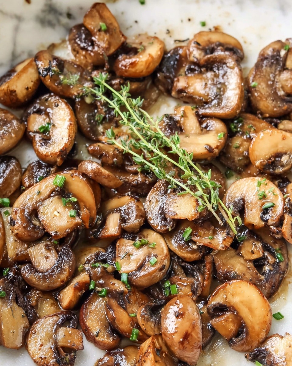 The image shows a stainless steel pan filled with cooked sliced mushrooms. The mushrooms are golden brown and slightly shiny from oil, with some pieces having a darker sear, showing a mix of light and dark brown colors. There are small green herb pieces scattered on top, and a small sprig of thyme lays across the mushrooms. The pan is placed on a wooden surface with some white round mushrooms and a bowl of green herbs in the background. The surface under everything is a white marbled texture. Photo taken with an iphone --ar 4:5 --v 7