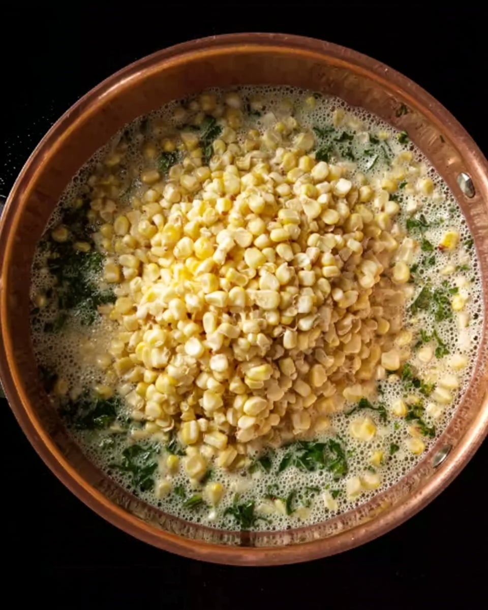 The image shows a copper-colored pan filled with three main layers of food. The bottom layer is a bubbling white and green liquid sauce, with small green herbs visible. On top of that, there is a large pile of pale yellow corn kernels covering most of the pan. The pan sits on a black surface with a shiny finish. Photo taken with an iphone --ar 4:5 --v 7