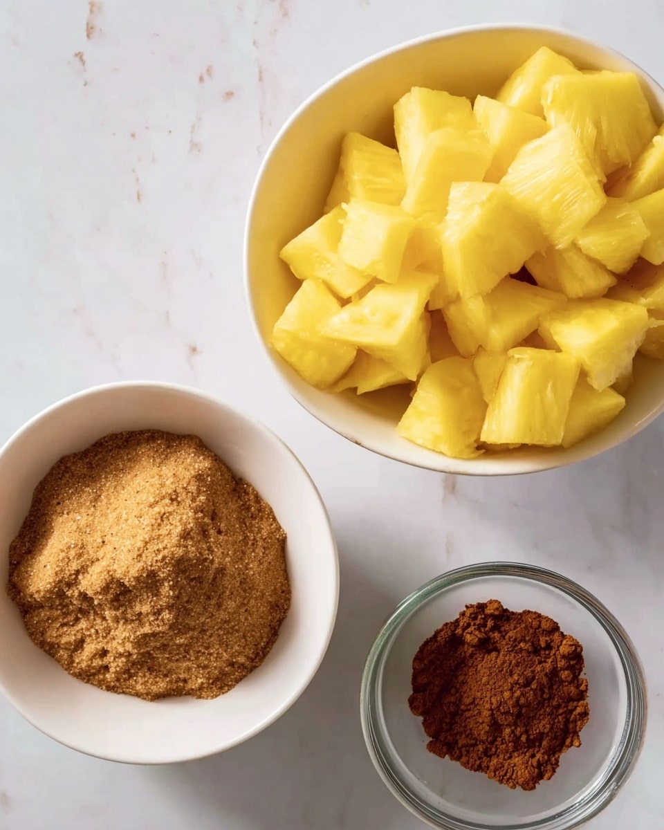 A top view shows three containers on a white marbled surface: a white bowl filled with large, bright yellow chunks of pineapple in the top right corner, a white bowl in the bottom left corner holding a mound of light brown sugar with a slightly coarse texture, and a clear glass bowl in the bottom right corner containing a small pile of dark reddish-brown ground cinnamon powder. The arrangement forms a loose triangular shape with the pineapple bowl as the largest and most vibrant element. photo taken with an iphone --ar 4:5 --v 7