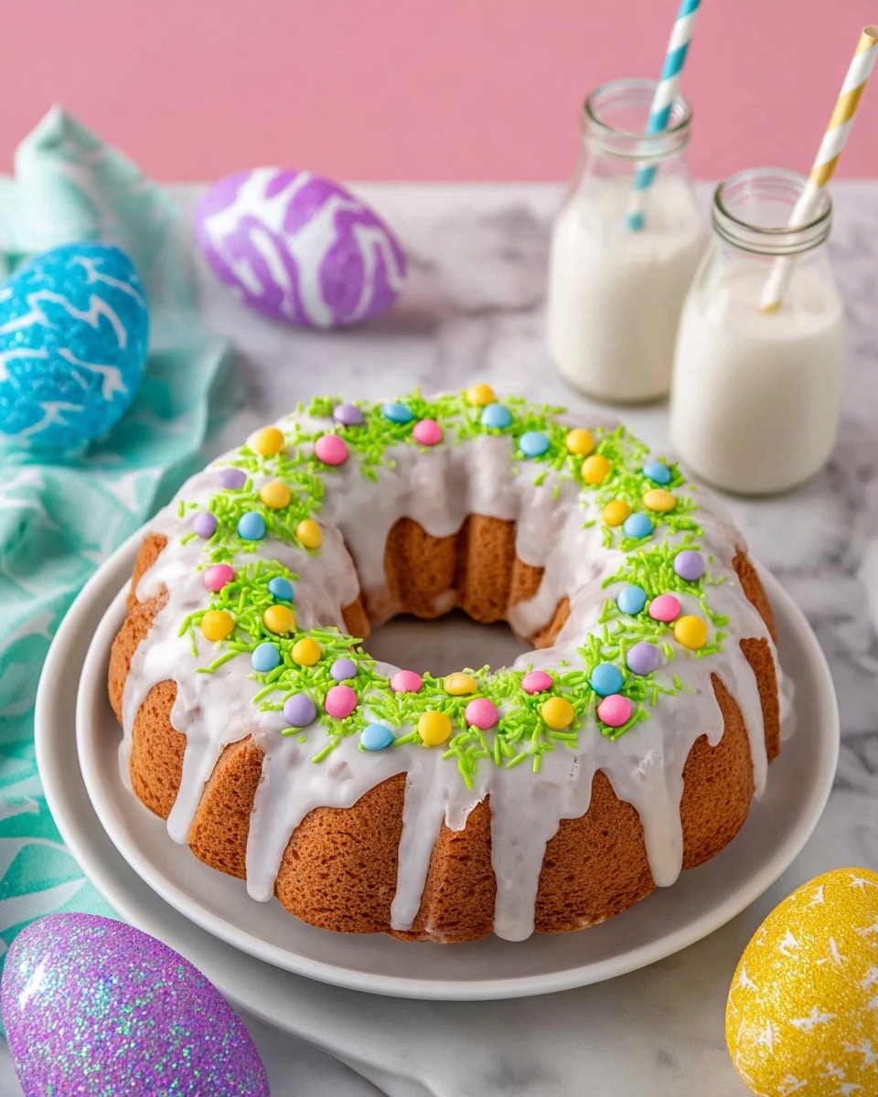 A round bundt cake is placed on a white plate with a white marbled surface underneath. The cake has a light brown color and is covered with a thick layer of white icing that drips slightly down the sides. On top of the icing, there is a ring of bright green sprinkles with colorful round candy pieces in yellow, pink, blue, and purple scattered within the sprinkles. In the background, two glass milk bottles with pastel striped straws stand out, and decorative foam Easter eggs in blue, purple, and yellow with glitter patterns surround the scene. Photo taken with an iphone --ar 4:5 --v 7