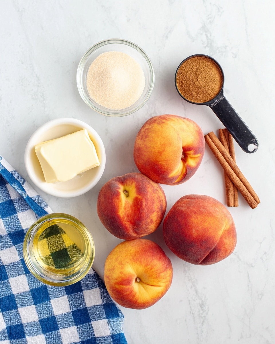 Four whole peaches with red and orange skin are arranged on a white marbled surface near three cinnamon sticks on the right side. Above the peaches, there is a small clear glass bowl filled with brown cinnamon powder. To the left of the peaches, there is a white bowl holding a square piece of pale yellow butter. Above the butter bowl, a black measuring cup contains light brown sugar. Below the butter bowl, a clear glass bowl holds a slightly yellow liquid, likely oil. In the bottom left corner, a blue and white checkered cloth is partly visible. Photo taken with an iphone --ar 4:5 --v 7