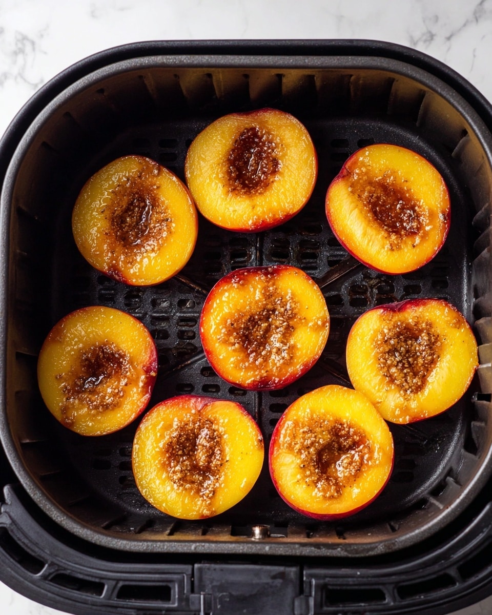 The image shows eight peach halves inside a black air fryer basket. Each peach half is golden-yellow with a reddish edge around the pit area, and the center pits have been removed and replaced with a melted mixture that looks brown and slightly bubbly. The peach surfaces shine with a glaze that looks sticky and sweet. The peaches are arranged in a loose grid, with some close to the edges and some towards the center. The air fryer basket has a vented surface with small rectangular holes. The background is a white marbled texture. Photo taken with an iphone --ar 4:5 --v 7