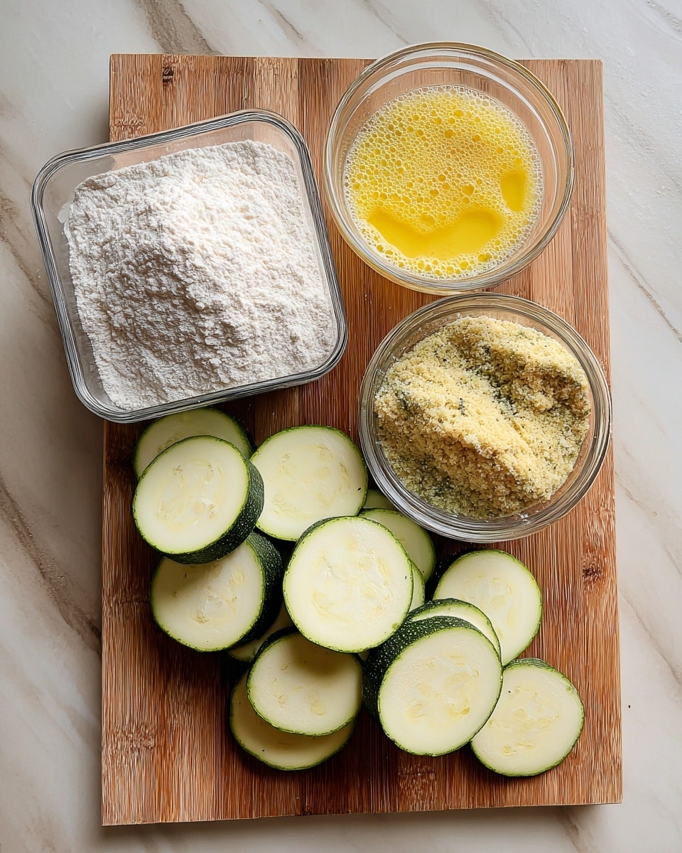 The image shows a wooden board on a white marbled surface with three containers and sliced zucchini rounds. On the left, a square clear glass container holds white flour. On the top right, a round clear plastic container has beaten yellow eggs with bubbles. Below it, another round clear plastic container contains herbed bread crumbs with a zucchini slice partly coated in it resting inside. In front of the containers, there are many evenly sliced zucchini rounds showing a light green skin and pale, seeded interior. The textures range from powdery flour, smooth egg liquid, crumbly bread crumbs to fresh zucchini. photo taken with an iphone --ar 4:5 --v 7
