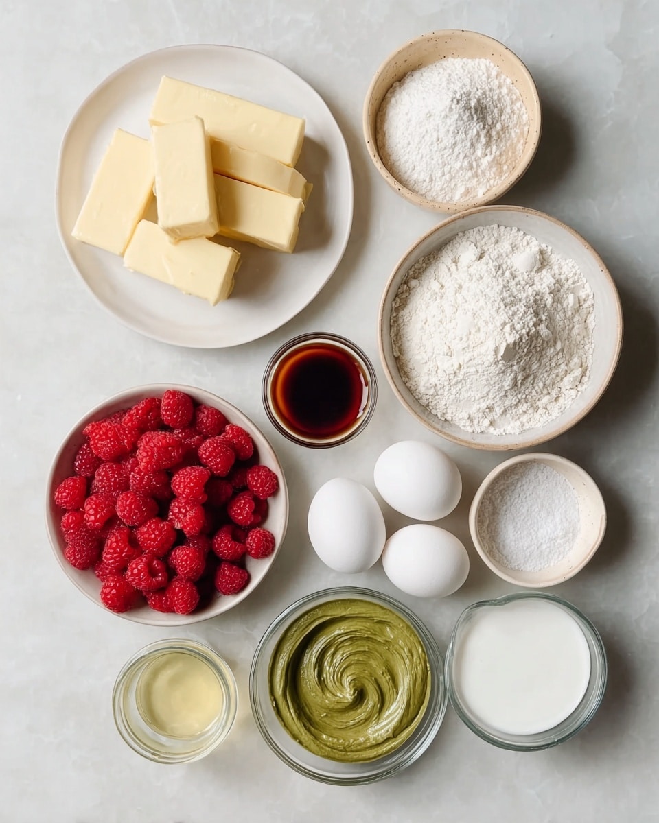 A flat lay of baking ingredients arranged neatly on a white marbled surface: in the top left corner, a white plate holds several blocks of pale yellow butter stacked in two layers; to the right, a small beige bowl with white powder; next to it, on the right, a larger white bowl filled with fluffy white flour; below the flour, three white eggs are placed diagonally; beside eggs, a small clear glass container with dark brown vanilla extract; bottom right center, a clear round bowl with smooth green matcha paste swirled in a spiral; to the bottom left, a white bowl densely filled with bright red raspberries; above raspberries, a small jar filled with transparent oil; next to it, a small jar of white liquid, likely milk; and in the center, a medium-sized white plate filled with fine white sugar; near the sugar, at the bottom right, a small beige bowl with coarse salt. photo taken with an iphone --ar 4:5 --v 7