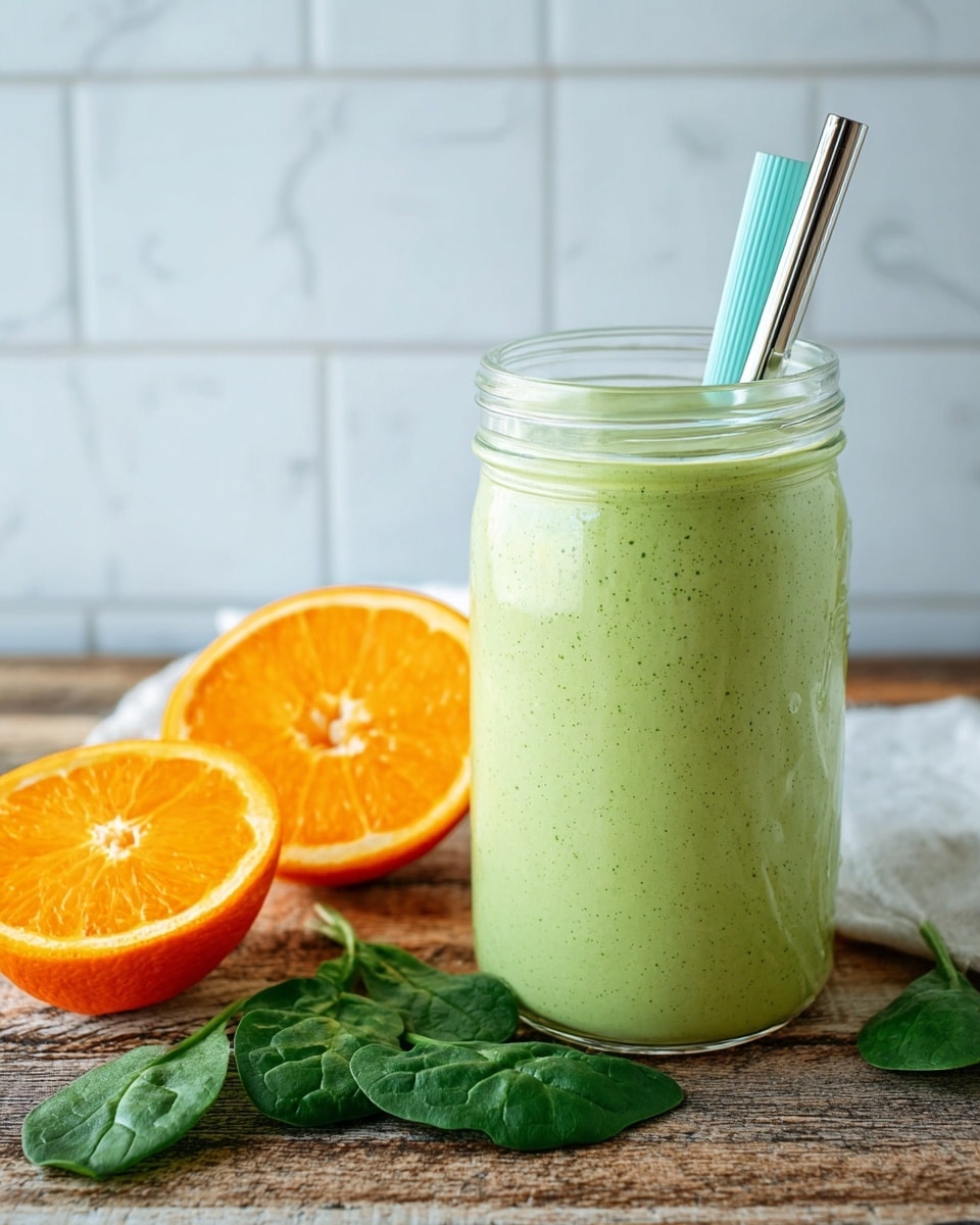 A clear glass filled with a smooth, light green smoothie that has tiny specks of darker green throughout, topped with a slightly bubbly texture, with a metal straw that has a light blue tip placed inside. Behind the glass, bright green spinach leaves are spread out on a rustic wooden surface, next to a white marbled surface, and two orange halves sit on the right side showing their juicy, bright orange insides. The background features a light blue tiled wall. Photo taken with an iphone --ar 4:5 --v 7