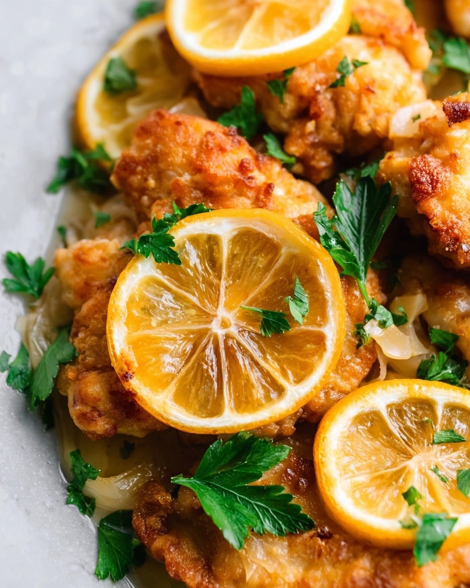 The dish shows a close-up of fried golden brown chicken pieces with a crispy texture on top. Around and on the chicken, there are several thin, bright yellow lemon slices, some with slight browning on the edges. Fresh green parsley leaves are scattered over the lemons and chicken, adding color contrast. The food sits on a white marbled surface, emphasizing the warm colors of the dish. photo taken with an iphone --ar 4:5 --v 7
