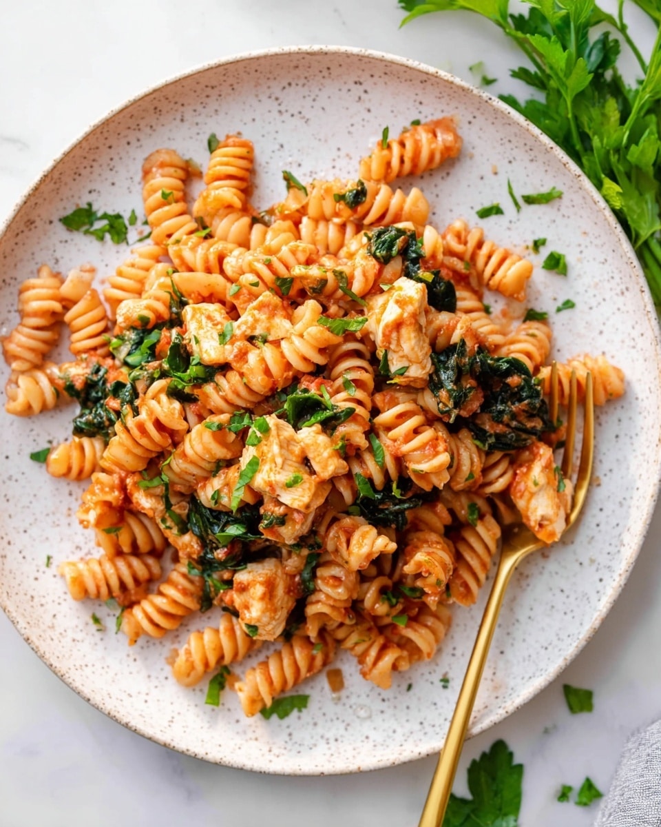 The dish is a white speckled round plate filled with about three layers of spiral pasta coated in a light red sauce. Mixed within the pasta are chunks of cooked light brown chicken, dark green wilted spinach leaves, and small bits of fresh bright green parsley scattered on top and around. The pasta glistens slightly, showing the sauce’s moist texture. In the plate's lower right corner, a gold fork lies partially under the pasta. The plate sits on a white marbled surface with extra parsley leaves placed beside it. Photo taken with an iphone --ar 4:5 --v 7